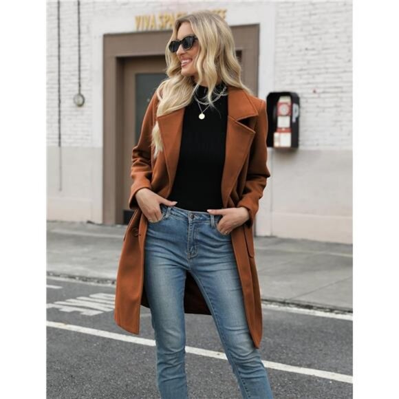 Women Mid-Long Coat Notch Double-Breasted Camel - Picture 4 of 5